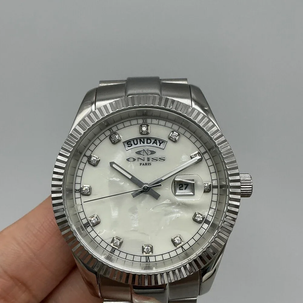 Oniss Women Watch 42mm MOP Dial Stainless Day Date ON3881-MMWT New Battery 6.5